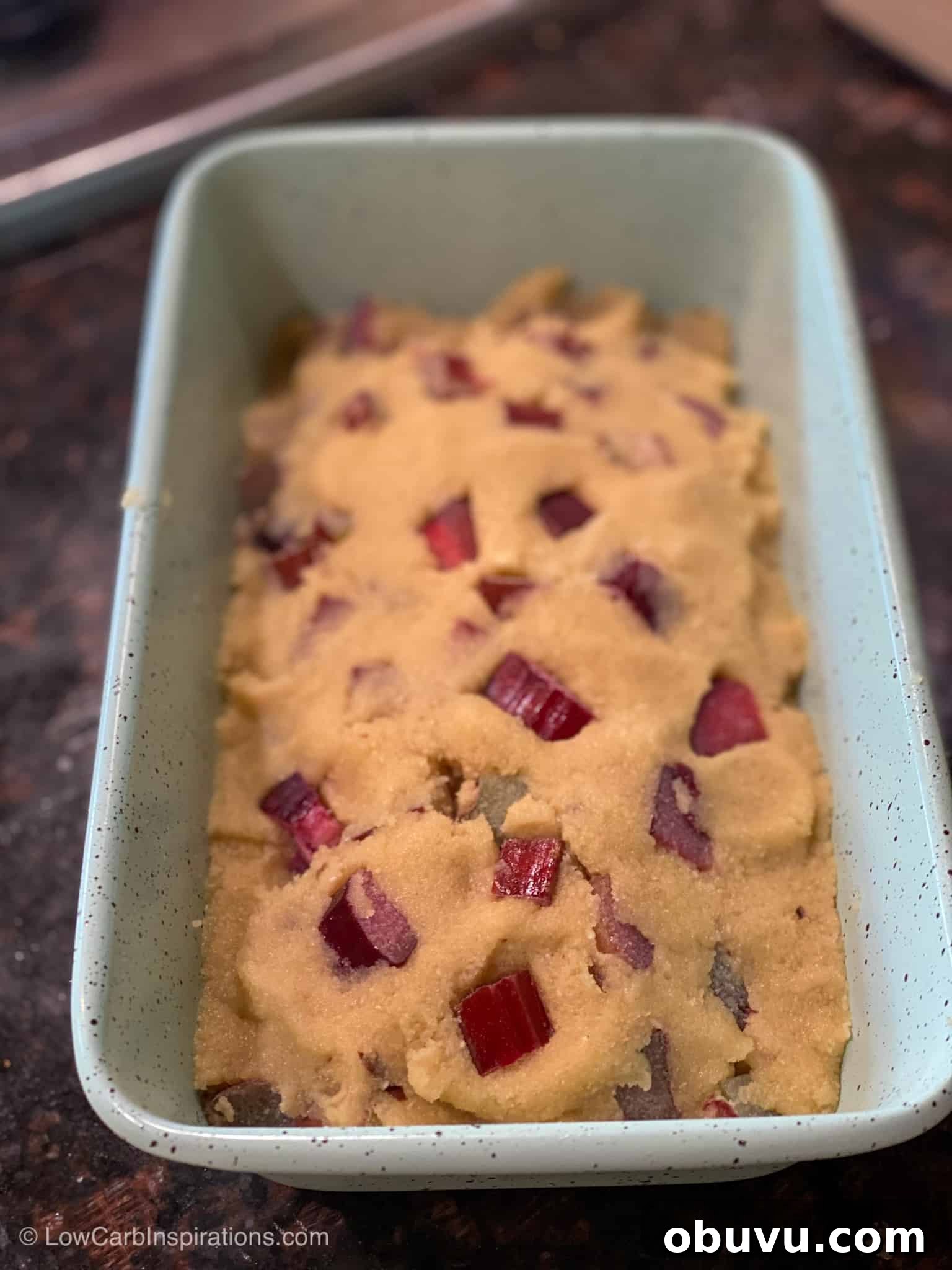 Keto Rhubarb Loaf with Sweet Glaze Topping 3 Keto Rhubarb Bread before it's cooked