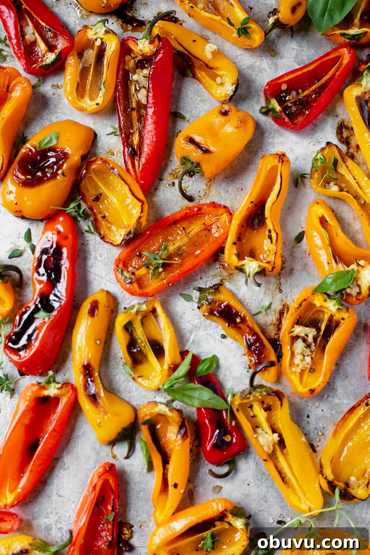 Garlic-Roasted Mini Peppers: Flavorful Oven-Roasted Snack or Side 3 Sheet pan of roasted mini peppers with garlic and herbs.