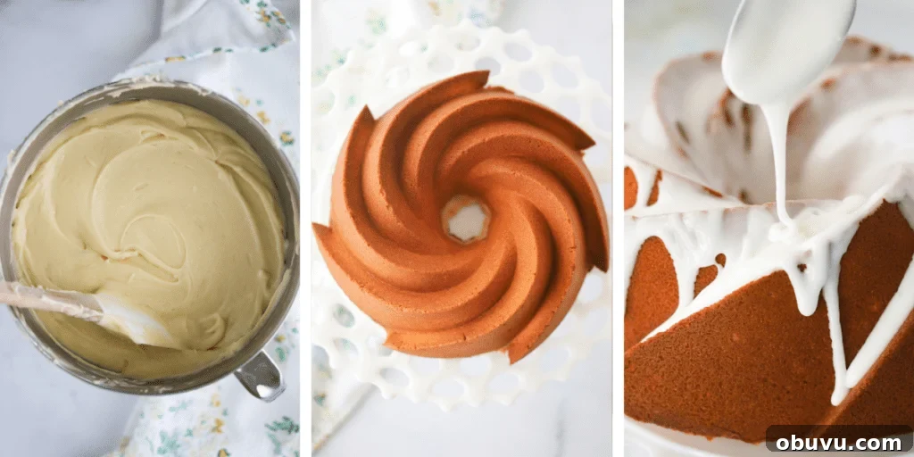 Classic Lemon Pound Cake Recipe — Moist & Zesty Slice 4 Three photos showing the process how to make lemon pound cake baking a bundt cake. First there is a mixing bowl with cake batter and a spatula. Second there is a baked bundt cake on a serving plate. Last there is a spoon adding glaze to the top of the cake.