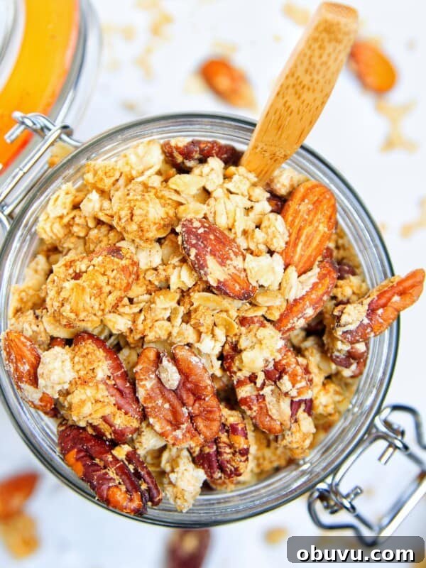 Chewy Peanut Butter Blondies Recipe for Rich, Gooey Bars 11 peanut butter granola in a large glass jar with wooden spoon