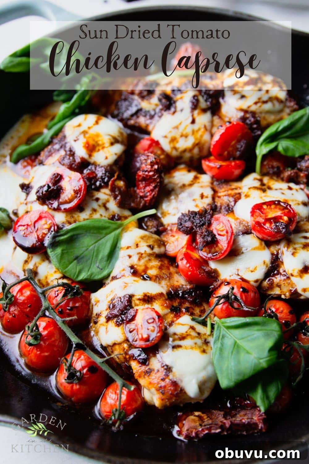 Sun-Dried Tomato Chicken Caprese Recipe with Fresh Basil 17 Cast iron skillet with balsamic glazed chicken, tomatoes, fresh mozzarella and basil.