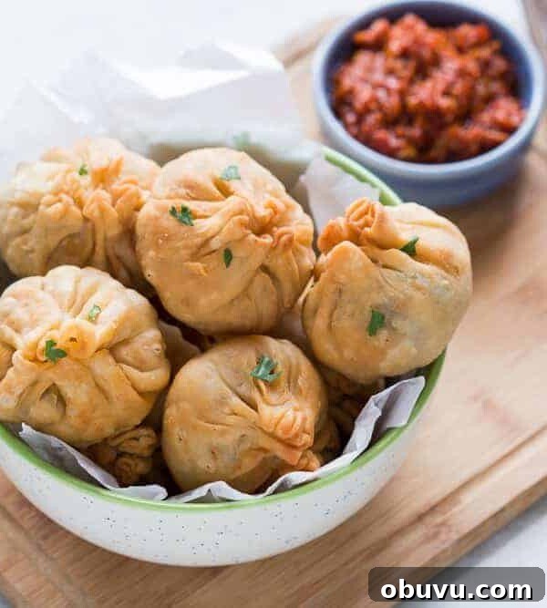 Chinese Potli Samosa Wontons served with a spicy schezwan sauce for dipping.