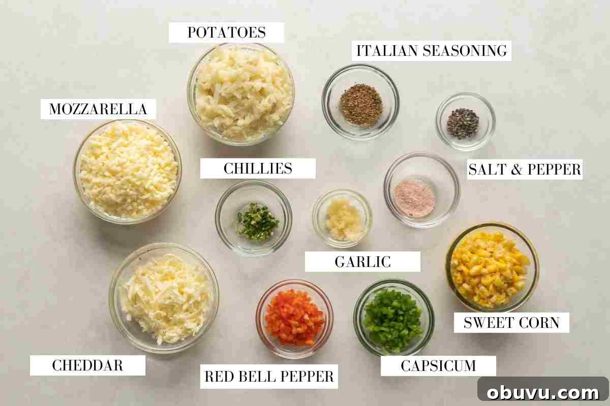 Picture of ingredients required for cheese ball mixture laid out on a white background with text to identify them