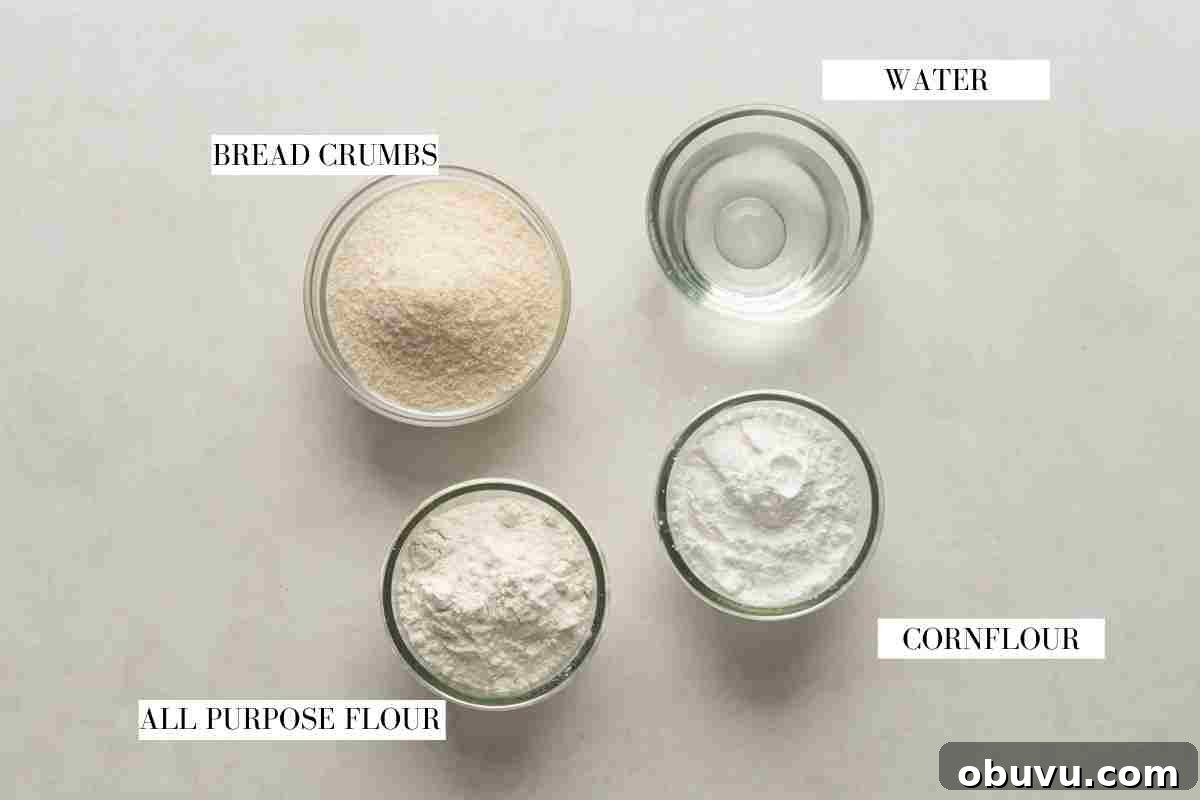 Picture of ingredients required for crumbing the cheese balls with text to identify them