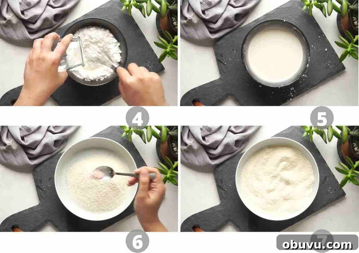 Step by step pictures showing how to make the slurry and breadcrumb mixture