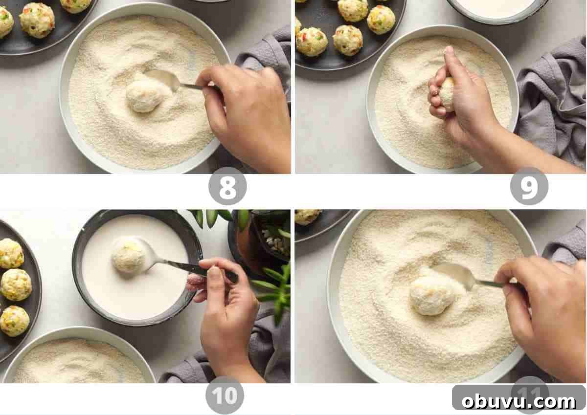 Step by step pictures showing how to double crumb cheese balls