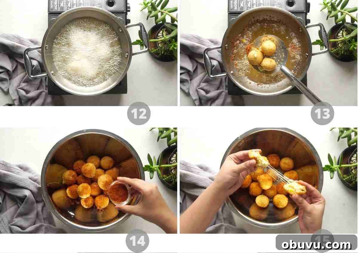Step by step pictures showing how to deep fry cheeseballs and toss them in peri peri mix
