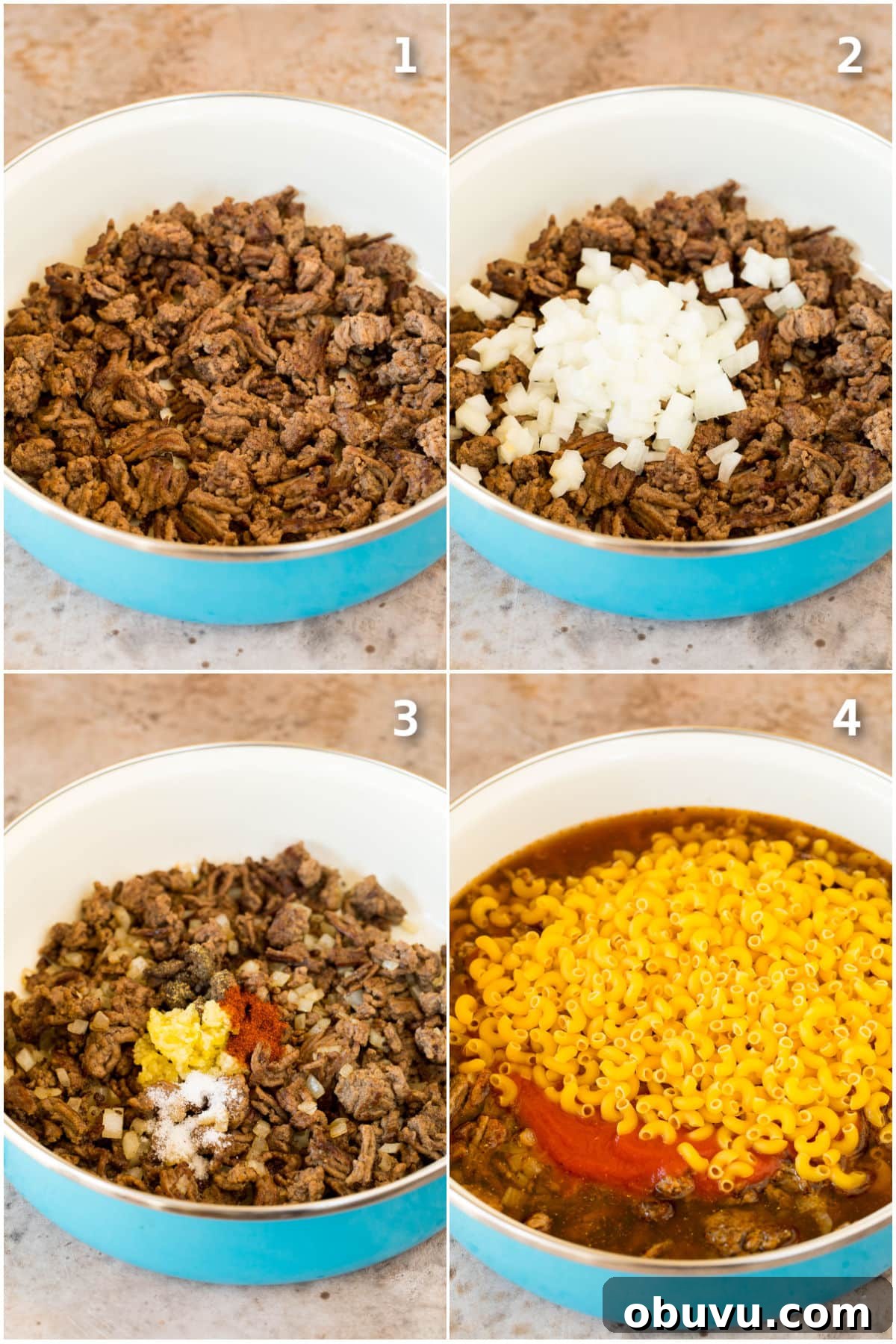 Copycat Hamburger Helper Recipe: Homemade Cheesy Beef Skillet 4 Process shots showing how to brown and season ground beef, and pasta with sauce in a pot.