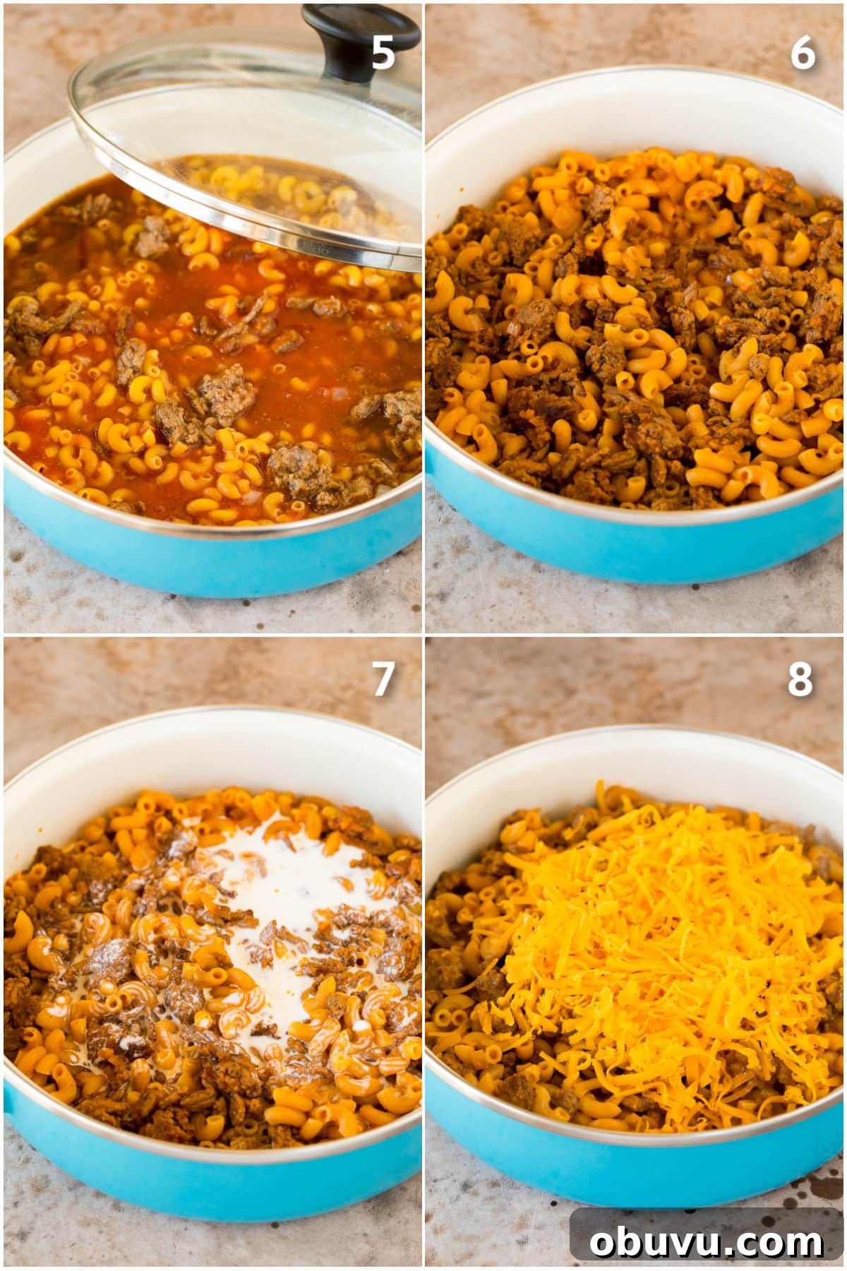 Copycat Hamburger Helper Recipe: Homemade Cheesy Beef Skillet 5 Step by step images showing how to make hamburger helper.