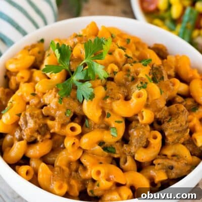Copycat Hamburger Helper Recipe: Homemade Cheesy Beef Skillet 7 A bowl of homemade hamburger helper topped with parsley.