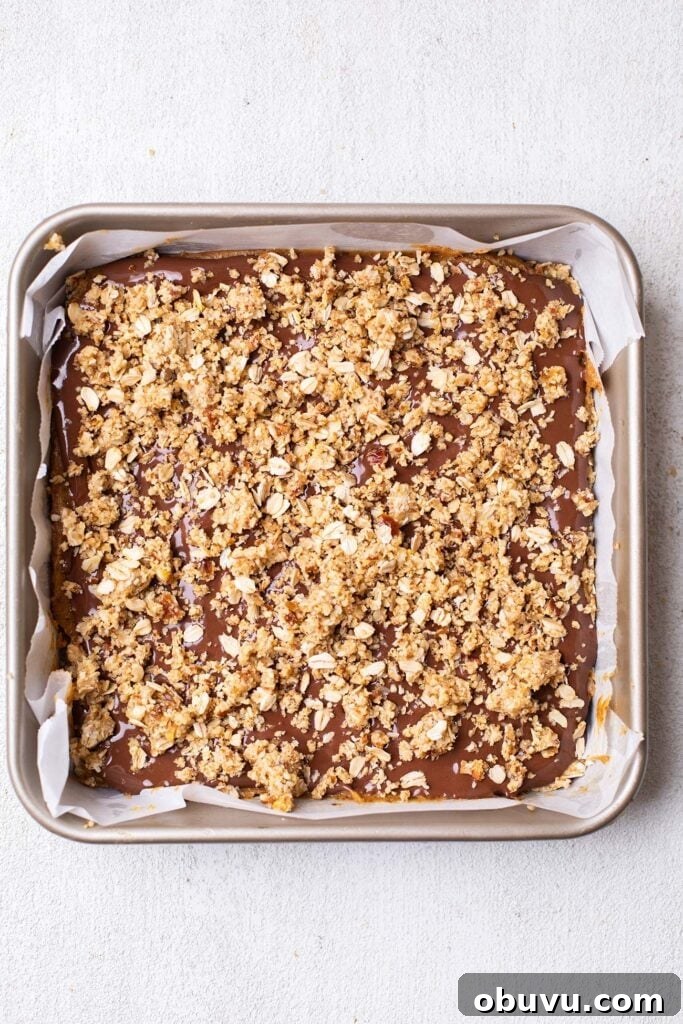An oatmeal crumble topping on top of the chocolate layer.