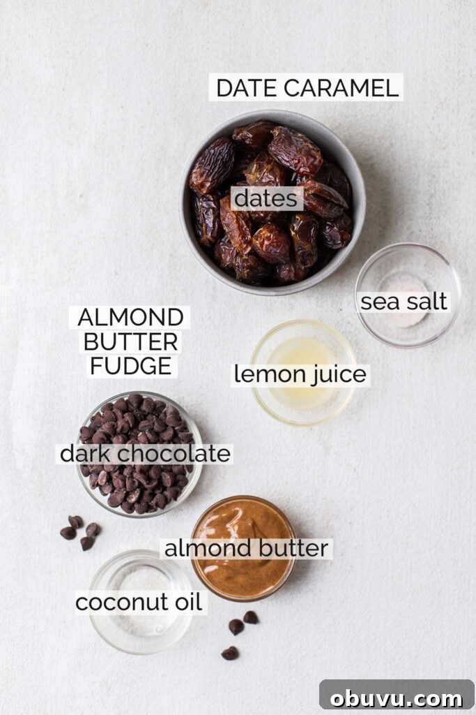 The ingredients shown used to make a date caramel and an almond butter fudge.