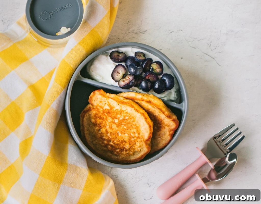 Peach Oat Pancakes & Waffles: Fluffy, Fruit-Studded Recipes 4 pancakes in Grabease feeding set