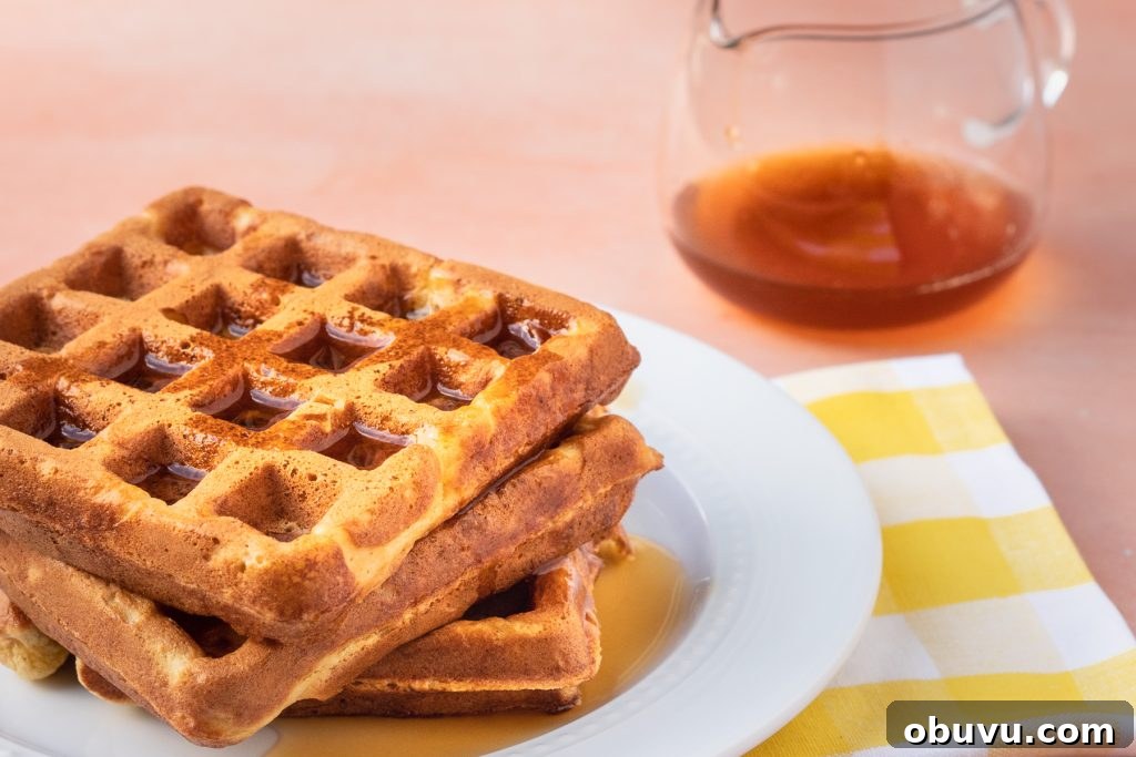 Peach Oat Pancakes & Waffles: Fluffy, Fruit-Studded Recipes 5 peach oat waffles with peach juice syrup