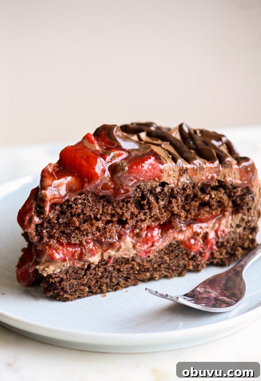 Decadent Chocolate Strawberry Layer Cake Recipe 5 Simple chocolate cake layered with roasted strawberries and whipped ganache frosting