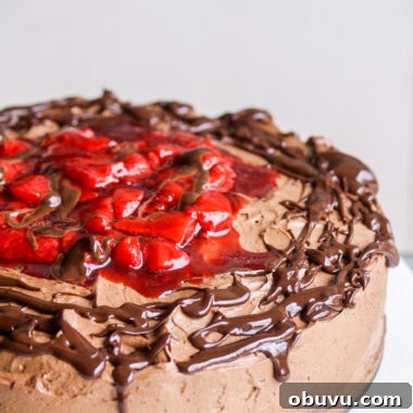 Simple chocolate cake layered with roasted strawberries and whipped ganache frosting