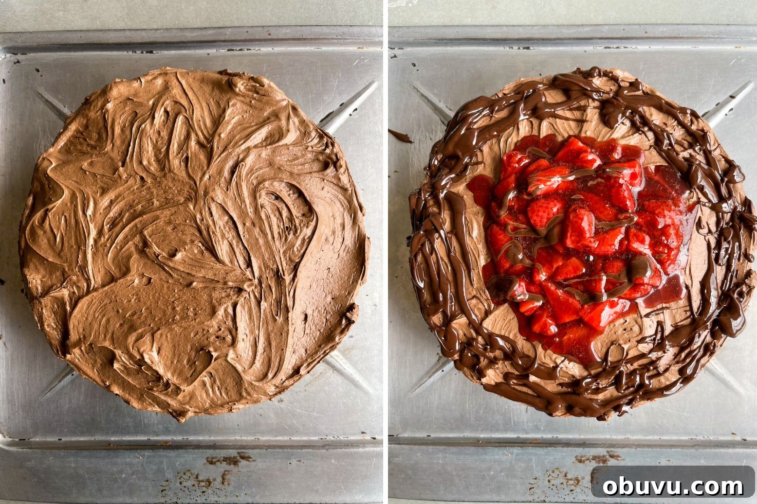 Decadent Chocolate Strawberry Layer Cake Recipe 8 Simple chocolate cake layered with roasted strawberries and whipped ganache frosting