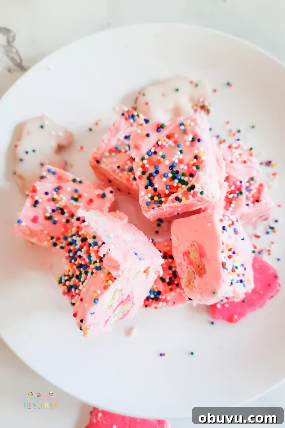 Strawberry Funfetti Fudge Recipe: Colorful No-Bake Treat 4 Over head image of strawberry chocolate fudge with sprinkles