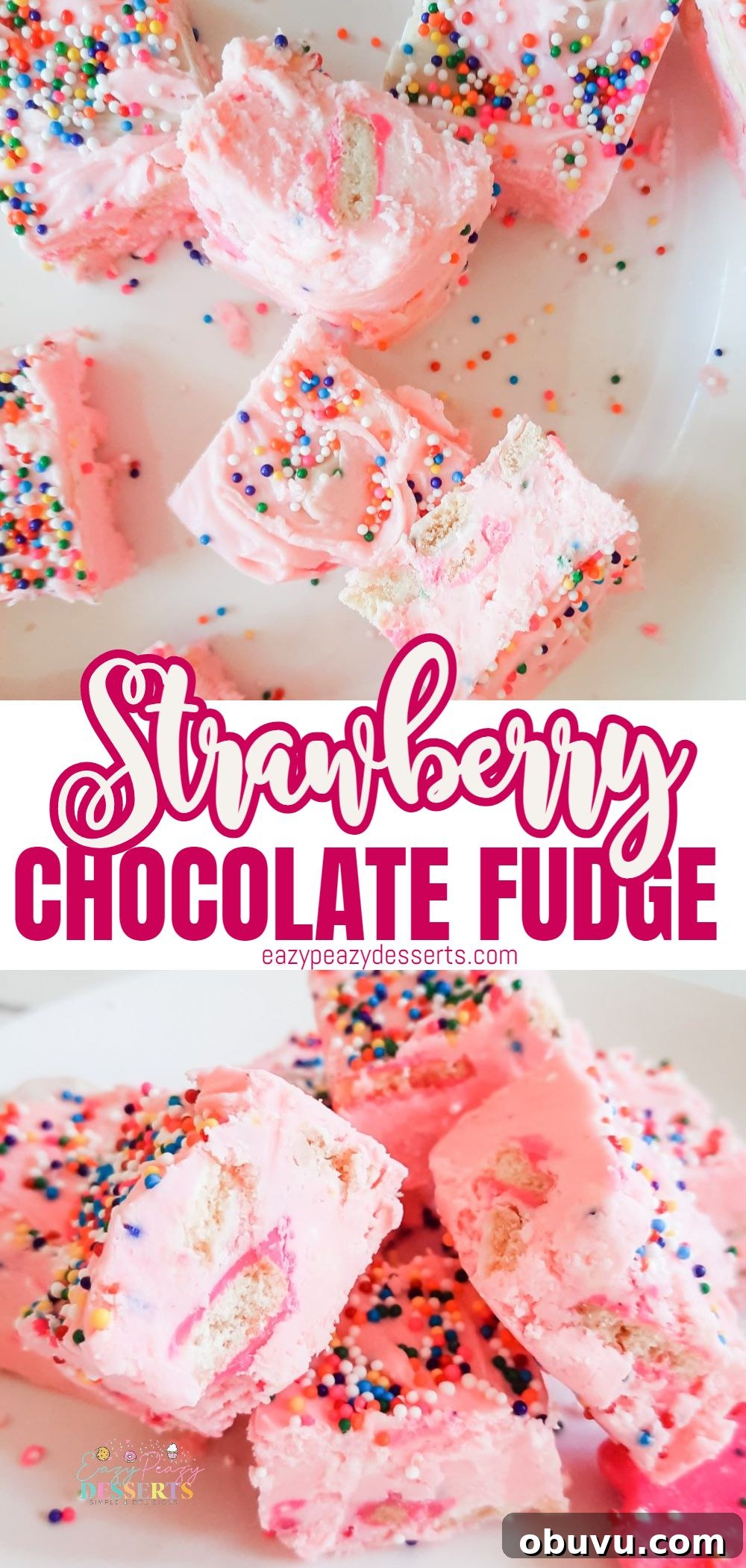 Strawberry Funfetti Fudge Recipe: Colorful No-Bake Treat 6 Photo collage of strawberry fudge with sprinkles and circus cookies