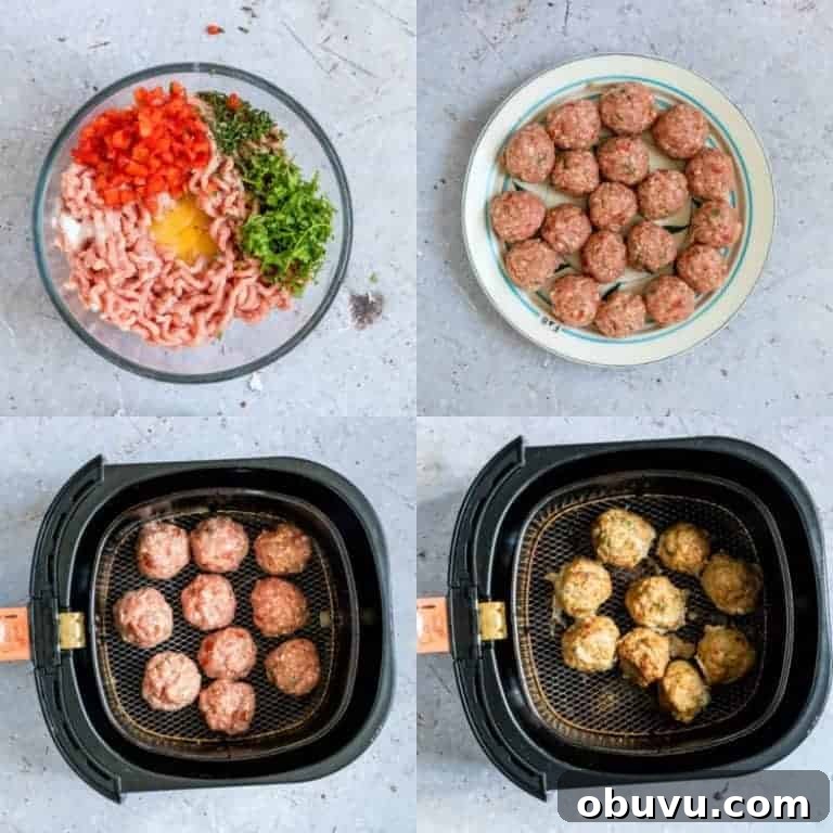 Collage of making air fryer meatballs (turkey Meatballs)