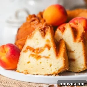 a slice of apricot cake standing up on a cake plate with a fresh apricot next to it.