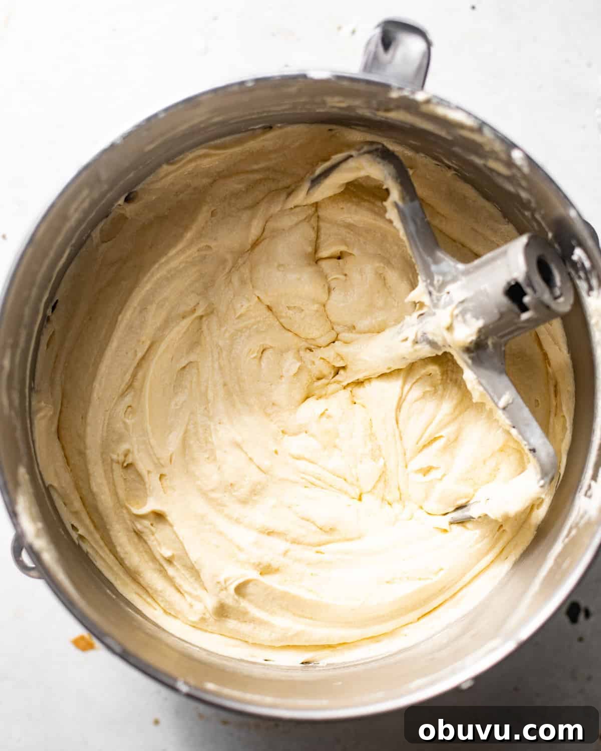 bundt cake batter in a mixing bowl.