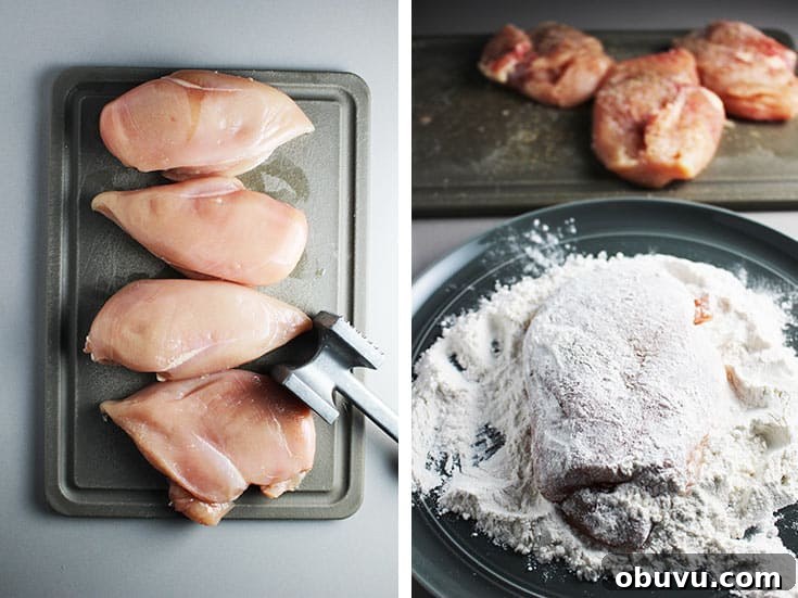 Spicy Buffalo Chicken Breast Burger Recipe 3 Chicken breasts being pounded flat and dredged in flour for Buffalo chicken breast burgers