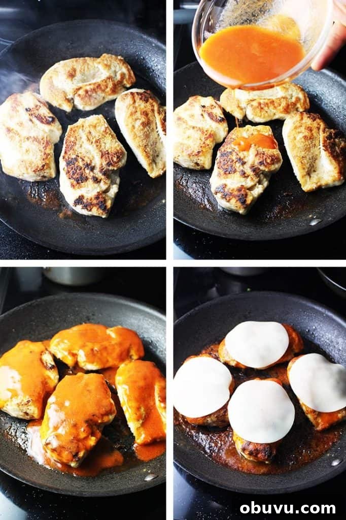 Spicy Buffalo Chicken Breast Burger Recipe 5 Chicken breasts being pan fried and smothered in Buffalo wing sauce and cheese for Buffalo chicken breast burgers
