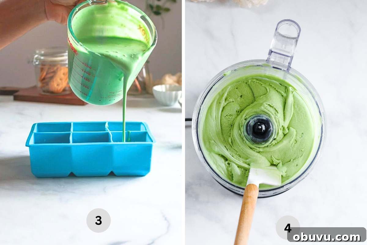 Creamy Matcha Ice Cream Recipe — Authentic Japanese Flavor 5 pouring the liquid matcha cream into ice cube trays, freezing, and hen blending.