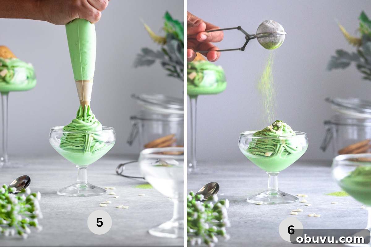 Creamy Matcha Ice Cream Recipe — Authentic Japanese Flavor 6 piping the ice cream into individual serving cups, and sprinkling with green tea powder.