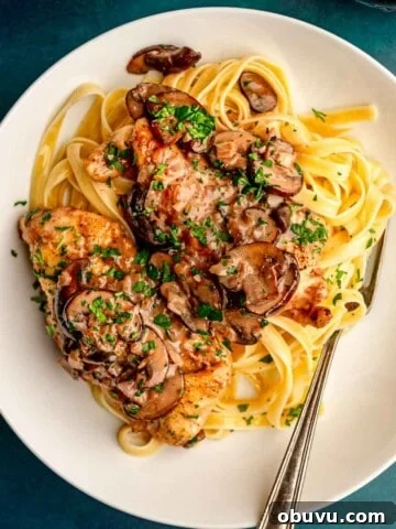Fettuccine topped with chicken and mushrooms.