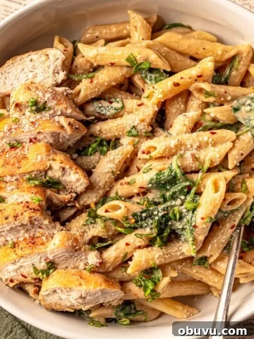 A bowl of pasta topped with sliced chicken.