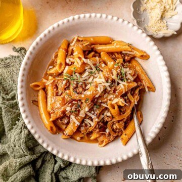 Creamy French Onion Soup Pasta Made in One Pot 9 A bowl of penne pasts with onions, beef and thyme.