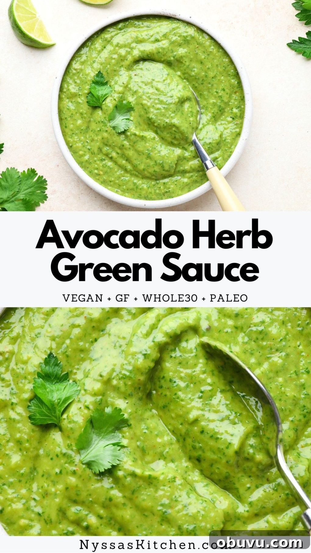 Pinterest pin for avocado herb green sauce.
