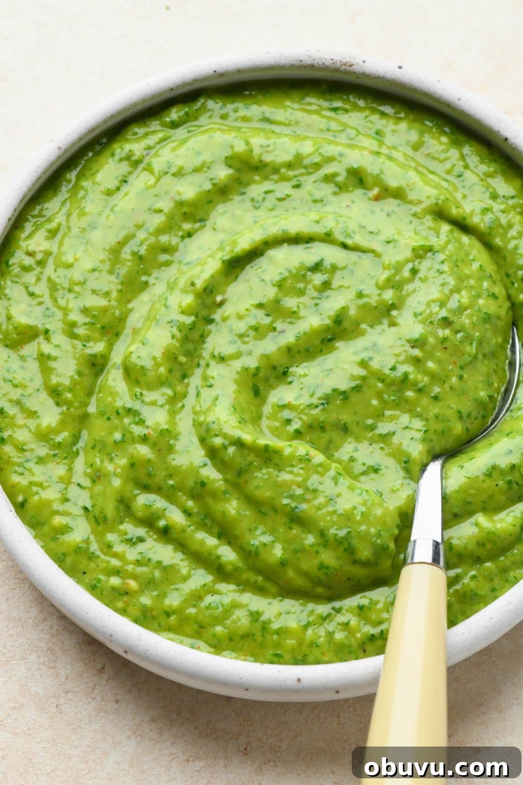 Side angle of avocado herb green sauce that shows the creamy texture of the finished sauce.
