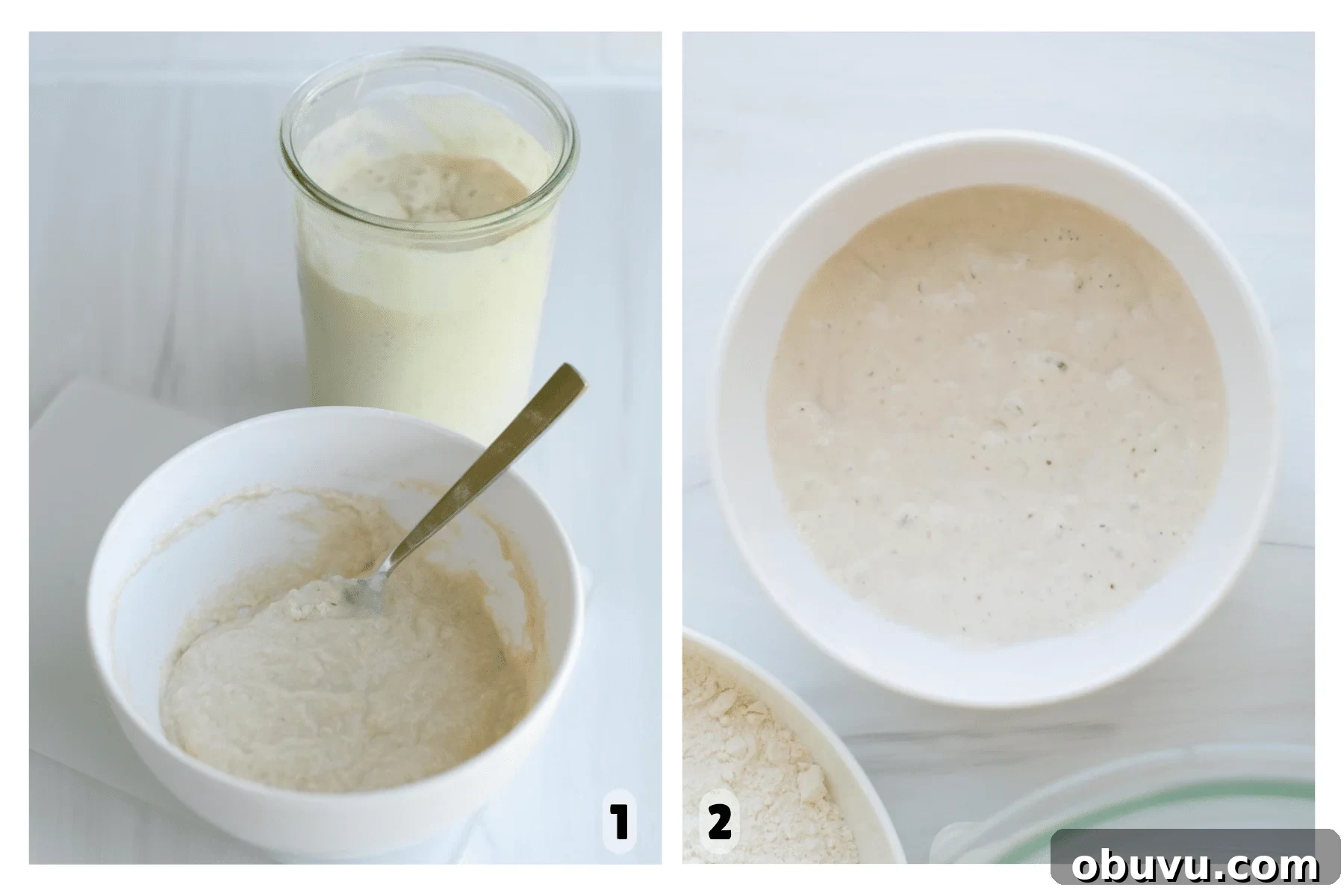 Sourdough Focaccia: Crispy, Airy Italian-Style Loaf Recipe 5 A jar of sourdough starter and a bowl where the starter has been mixed with flour and water to form the levain.