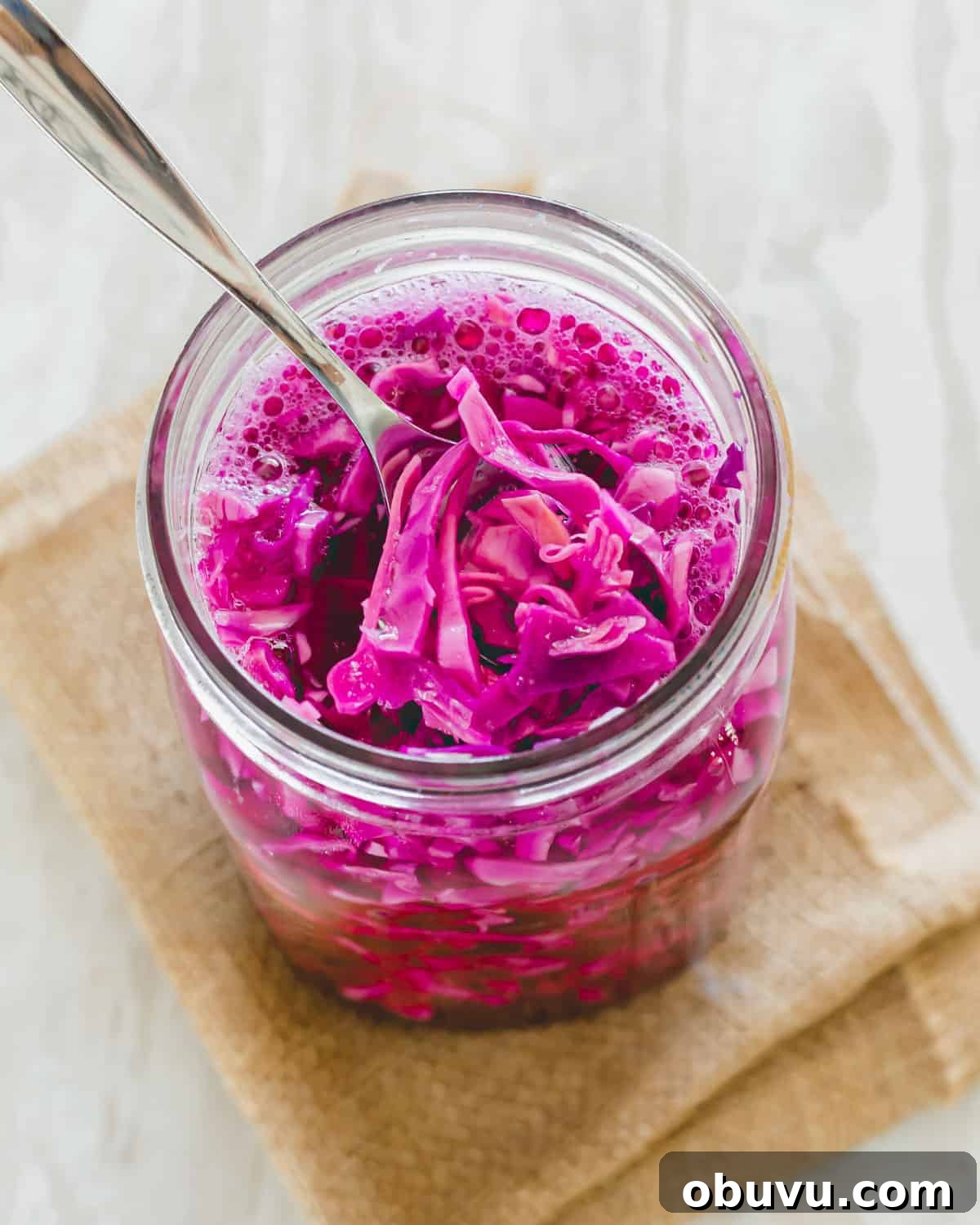 10 Essential Fermenting Supplies Every Home Preserver Needs 2 Red cabbage sauerkraut in a jar with a spoon.