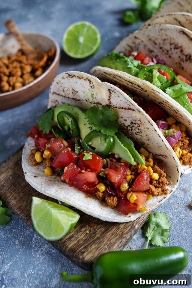 Vegan Tempeh Tacos with Savory Meat Filling 6 Tempeh Tacos with Avocado, Corn Salsa and Pico de Gallo