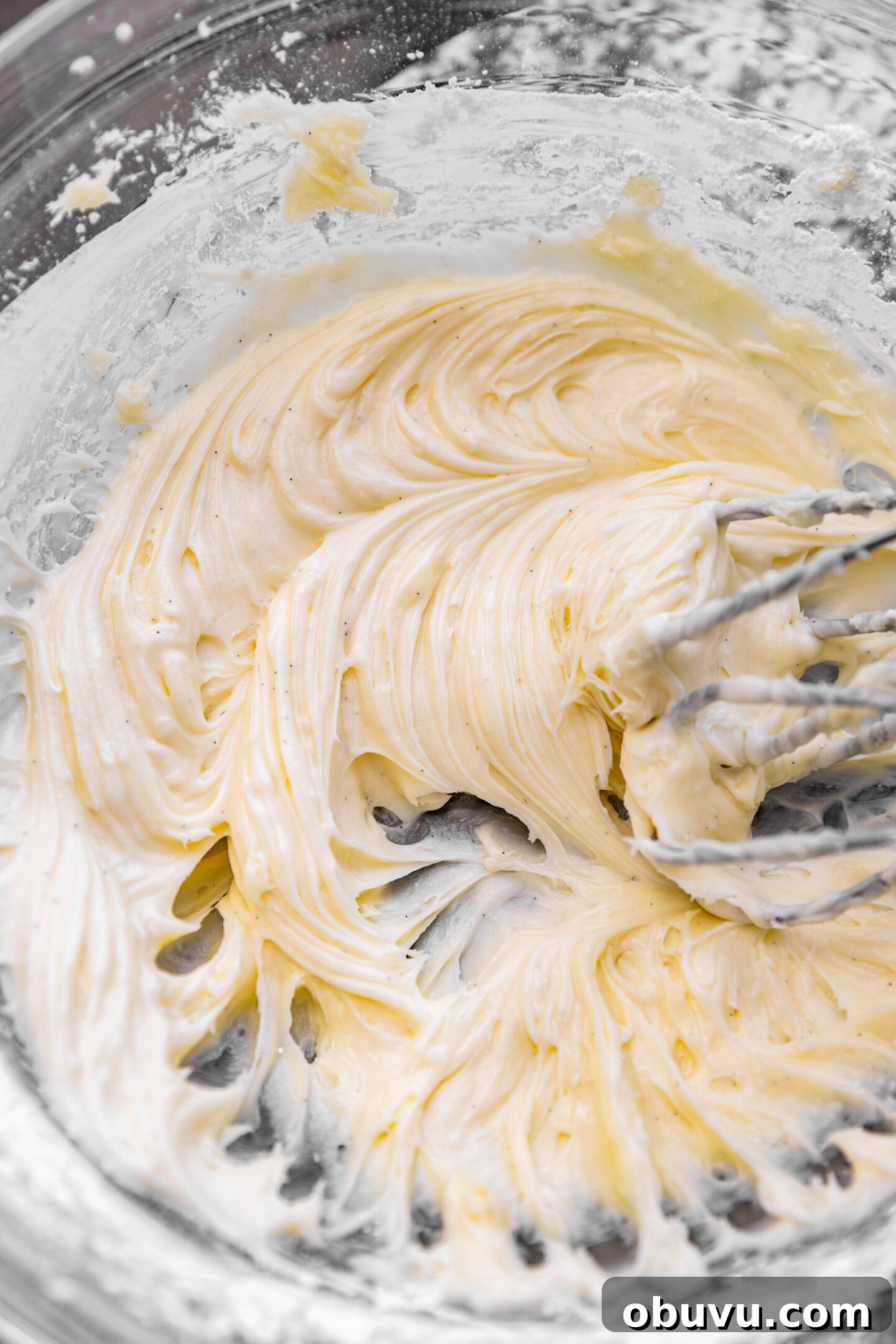 Freeze-Dried Strawberry Cream Cheese Frosting Recipe 5 Powdered sugar and vanilla bean paste incorporated into butter and cream cheese mixture.