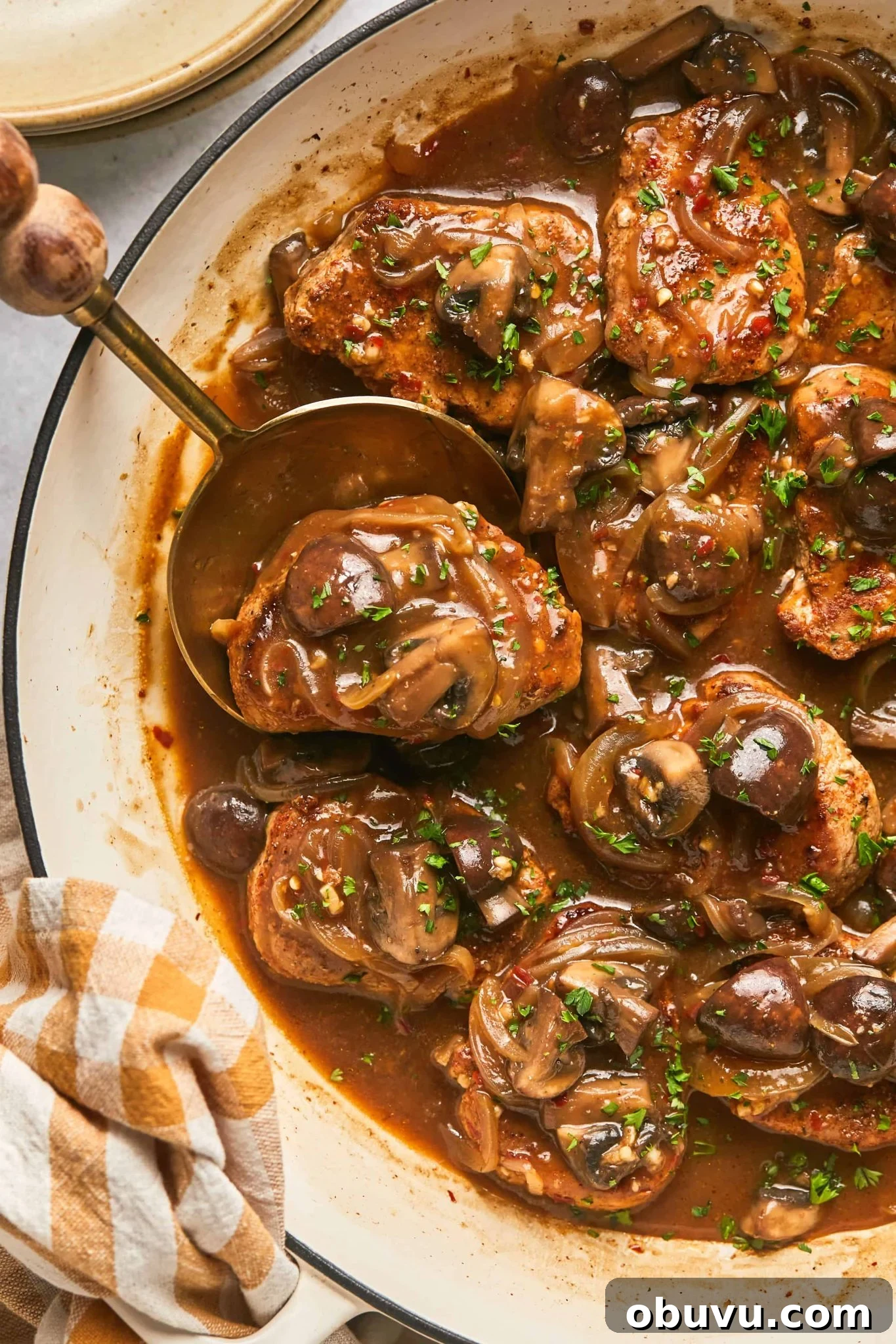 Pork Medallions with Caramelized Onions and Mushrooms 4 Plated pork medallions