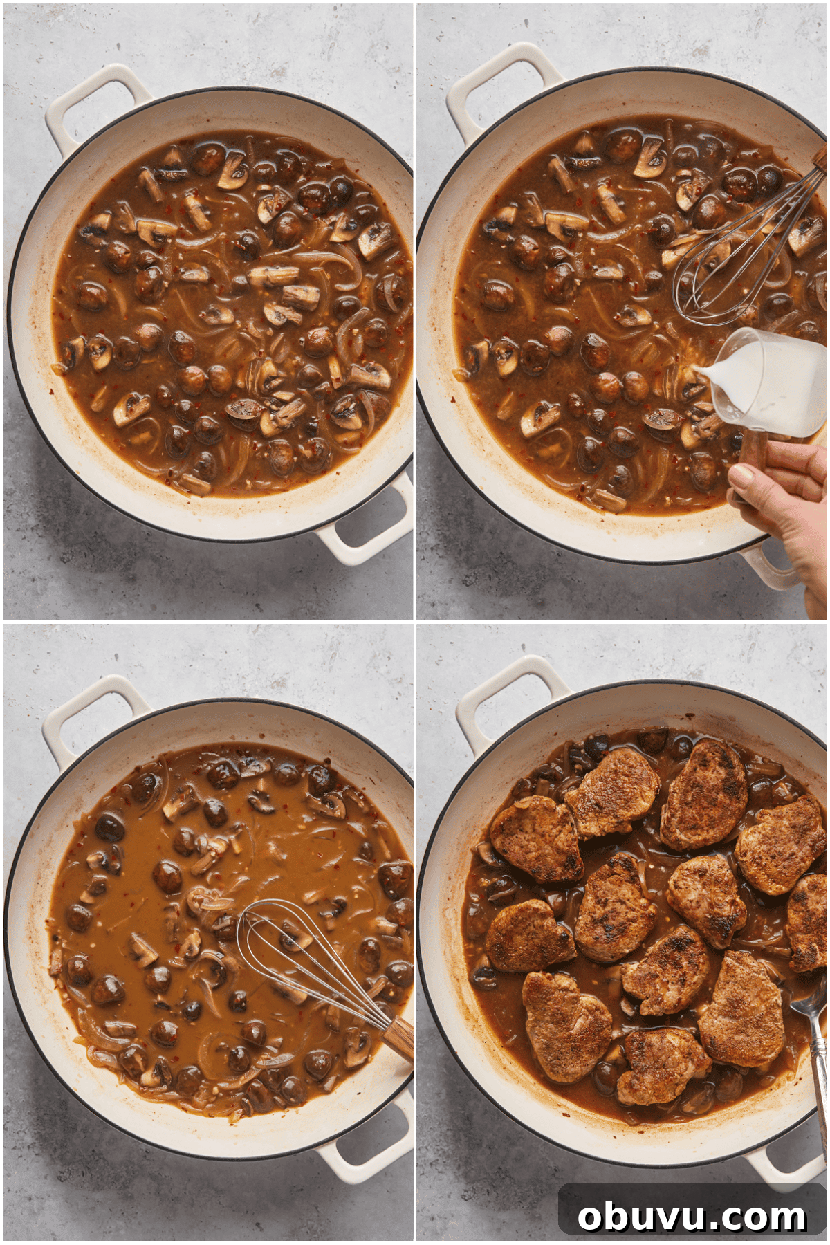 Pork Medallions with Caramelized Onions and Mushrooms 8 Pork medallions plated with sides