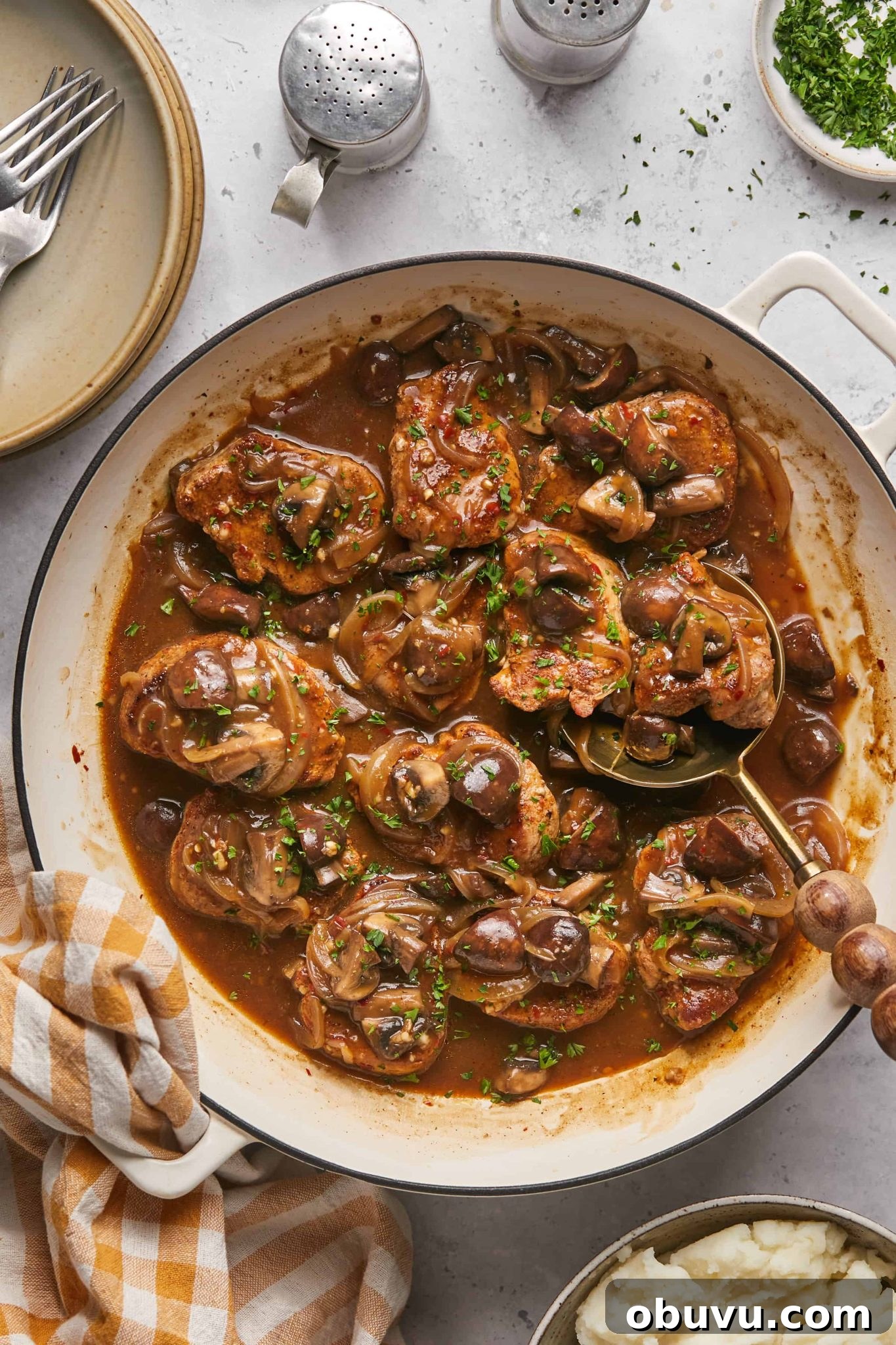 Pork Medallions with Caramelized Onions and Mushrooms 9 Family-style serving