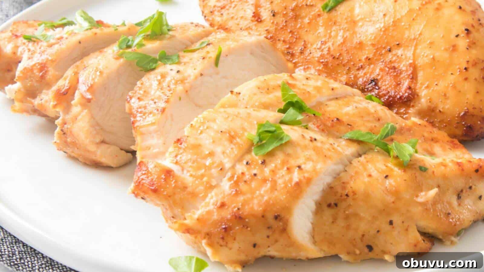 29 Delicious Low-Carb Meals That Aren’t Just Salad 3 Sliced grilled chicken breast garnished with parsley on a white plate.