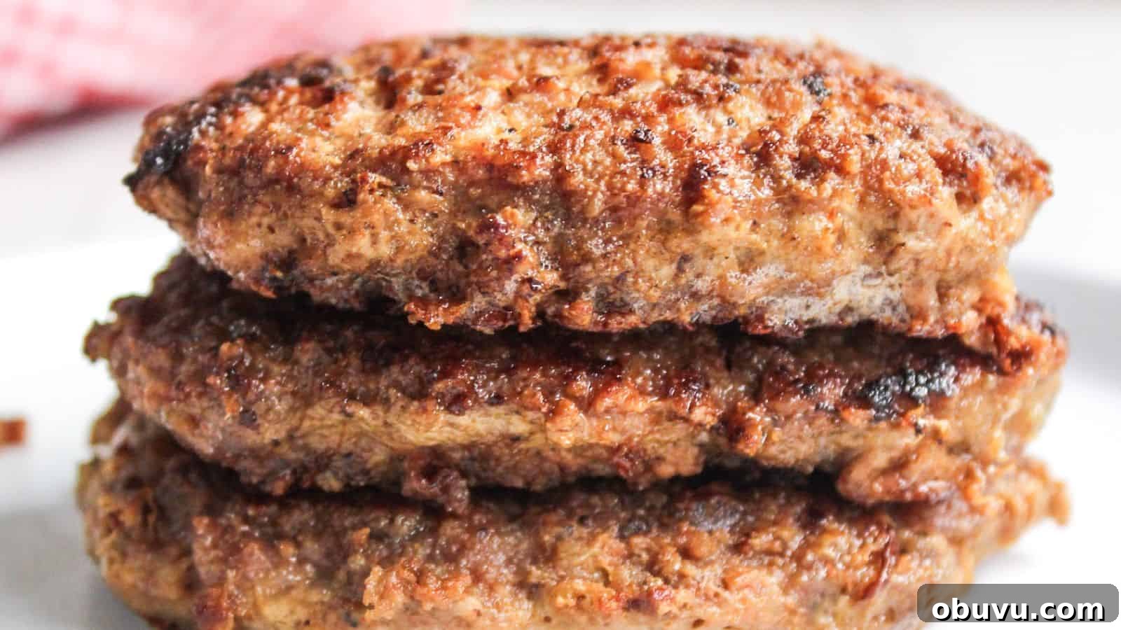 29 Delicious Low-Carb Meals That Aren’t Just Salad 22 Close-up of grilled pork burger patties stacked on a white plate.
