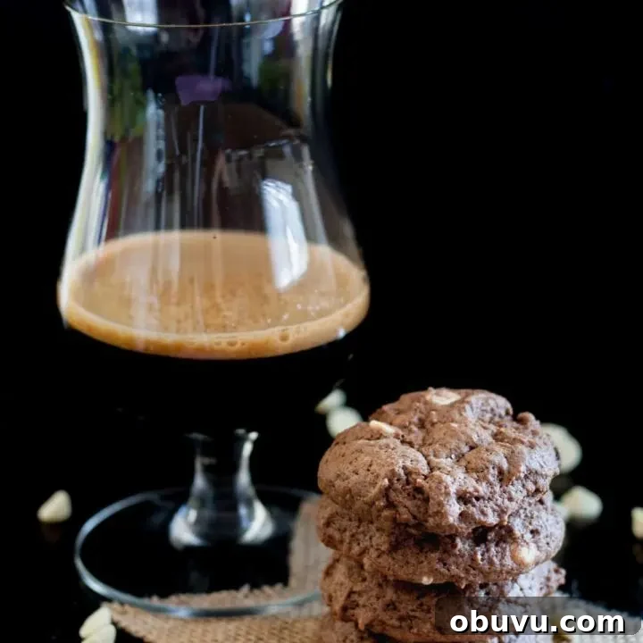 Soft chocolate coffee stout beer cookies are the perfect treat for a beer lover! The beer taste is just right and blends perfectly with the chocolate.
