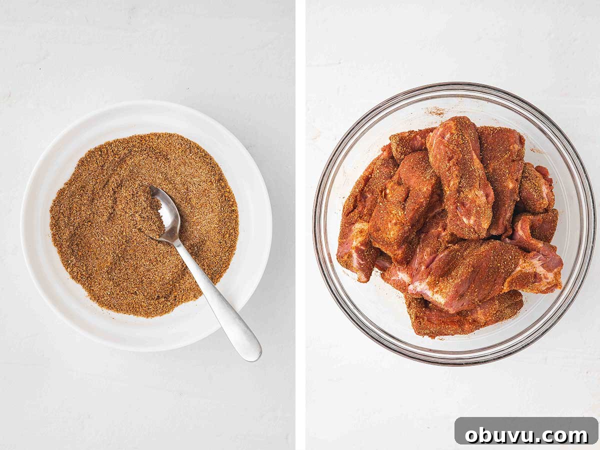 Tender Country-Style Ribs in the Slow Cooker: Simple Recipe 4 Set of two photos showing seasoning mixed and country style ribs coated in the seasoning in a bowl.