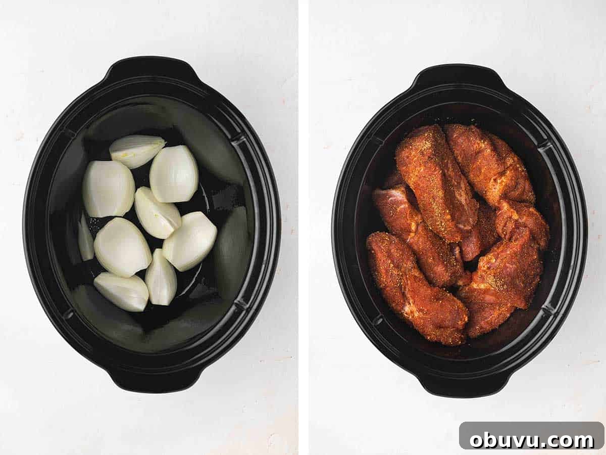 Tender Country-Style Ribs in the Slow Cooker: Simple Recipe 5 Set of two photos showing onions added to the slow cooker and ribs placed on top.