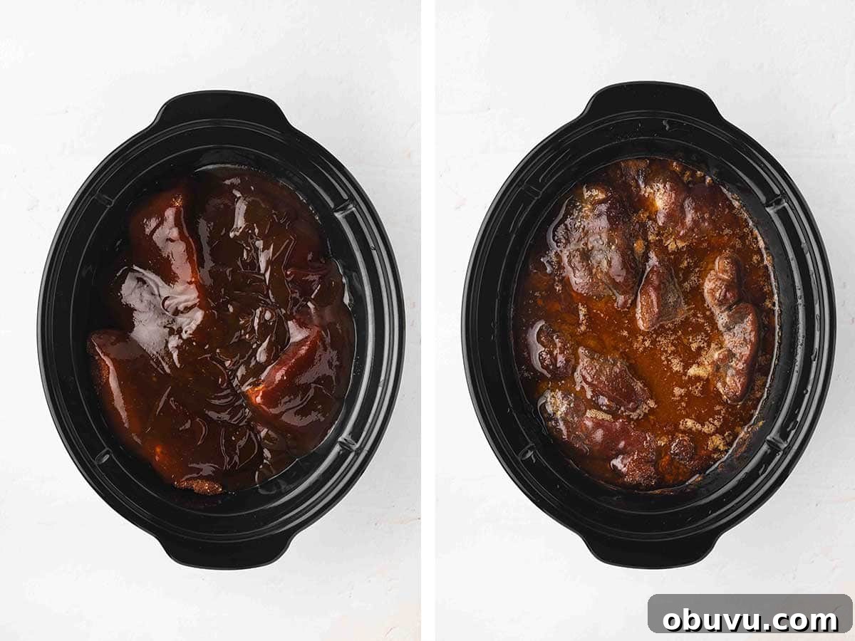 Tender Country-Style Ribs in the Slow Cooker: Simple Recipe 6 Set of two photos showing bbq sauce added to the top of the ribs and cooked.