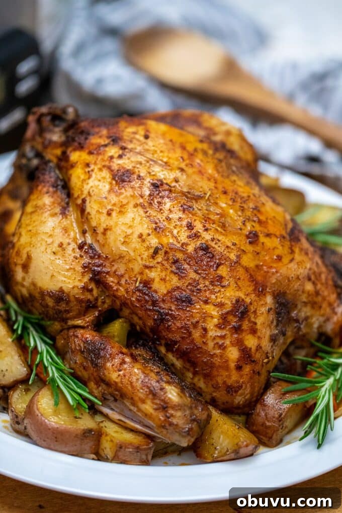 Juicy Slow-Cooker Whole Chicken with Savory Stuffing 4 Slow cooker whole chicken with rosemary over potatoes on a white plate
