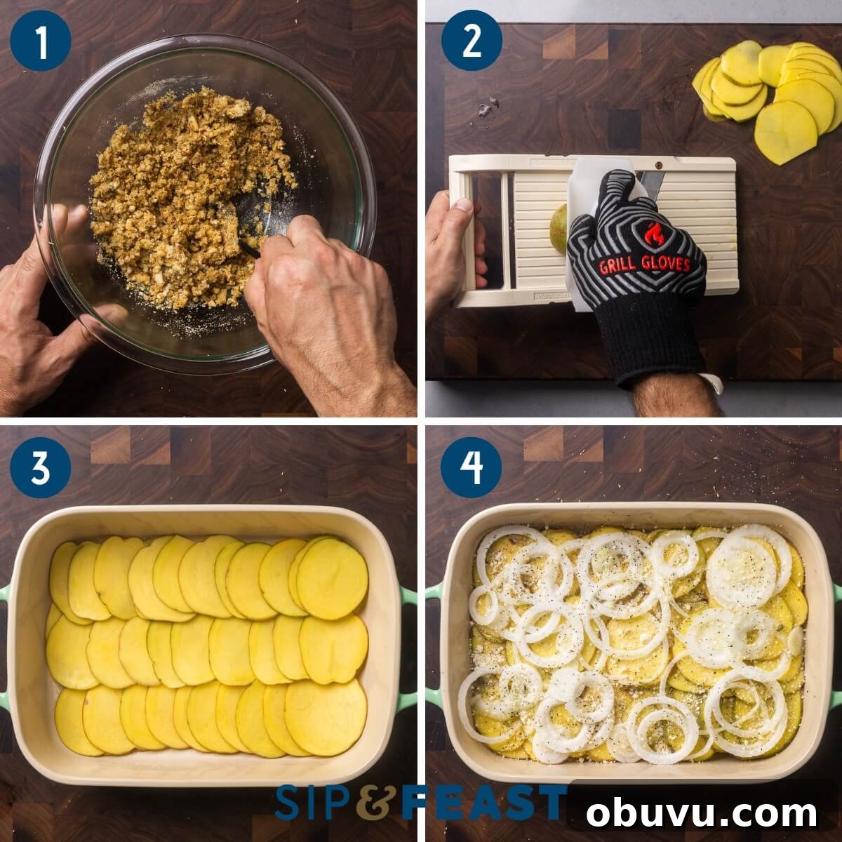 Zucchini and Potatoes al Forno: Crispy Oven-Baked Vegetable Side 5 Recipe process shot collage group one showing mixing the seasoned breadcrumbs, slicing the potatoes, layering the potatoes in a baking dish, and topping with onions, cheese, and oregano.